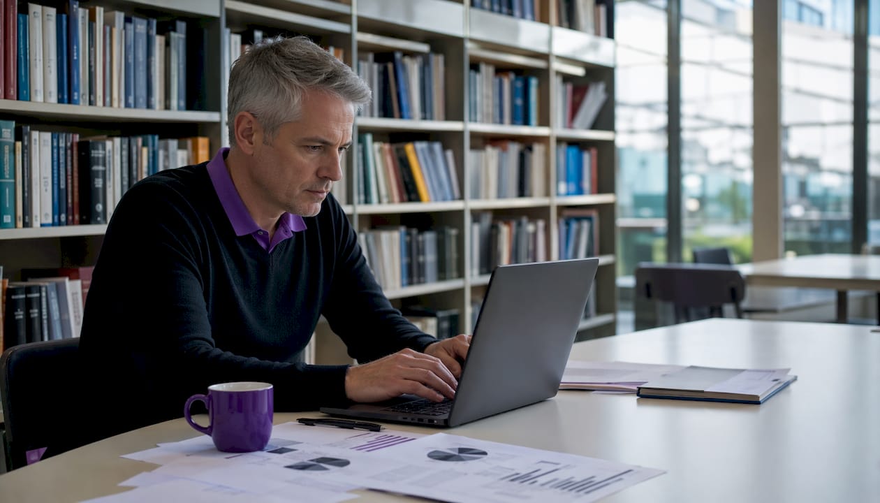 Man typing at computer with research papers