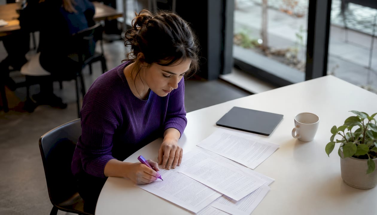 Researcher reviewing papers at desk