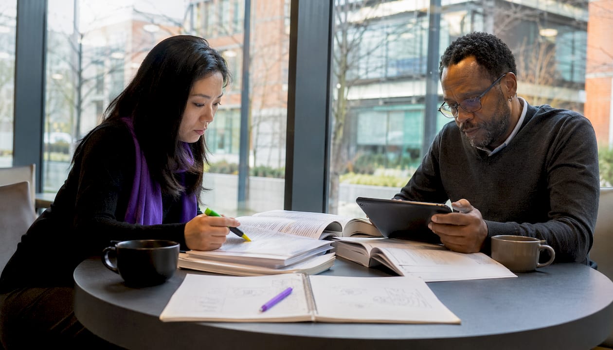 Two researchers collaborating on literature review