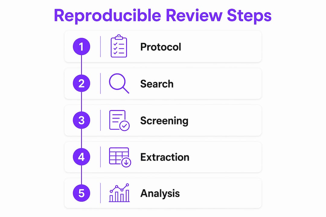 Infographic showing five key steps in reproducible reviews