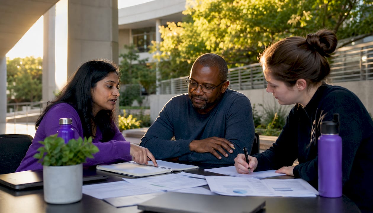 Researchers discussing systematic review at seminar table