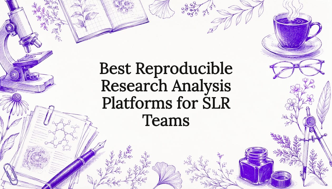Decorative illustrated title card with research-themed corner elements