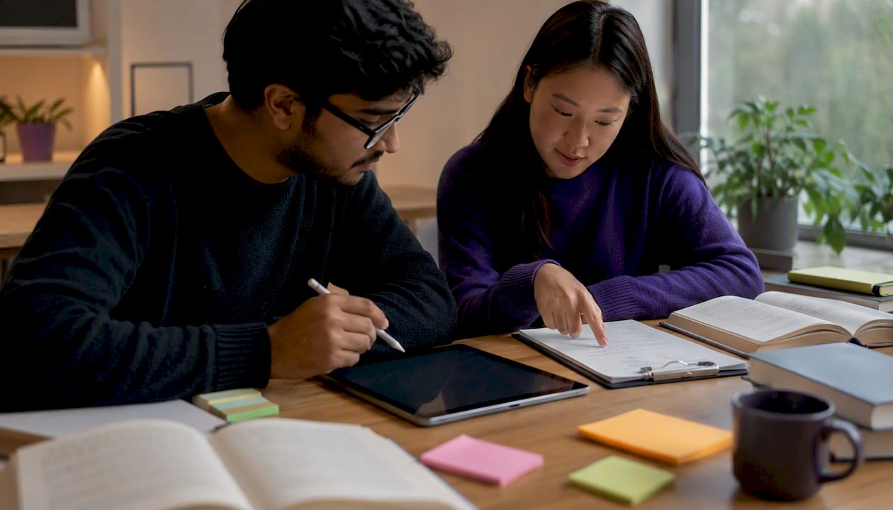 Close-up of collaborative data screening on tablet