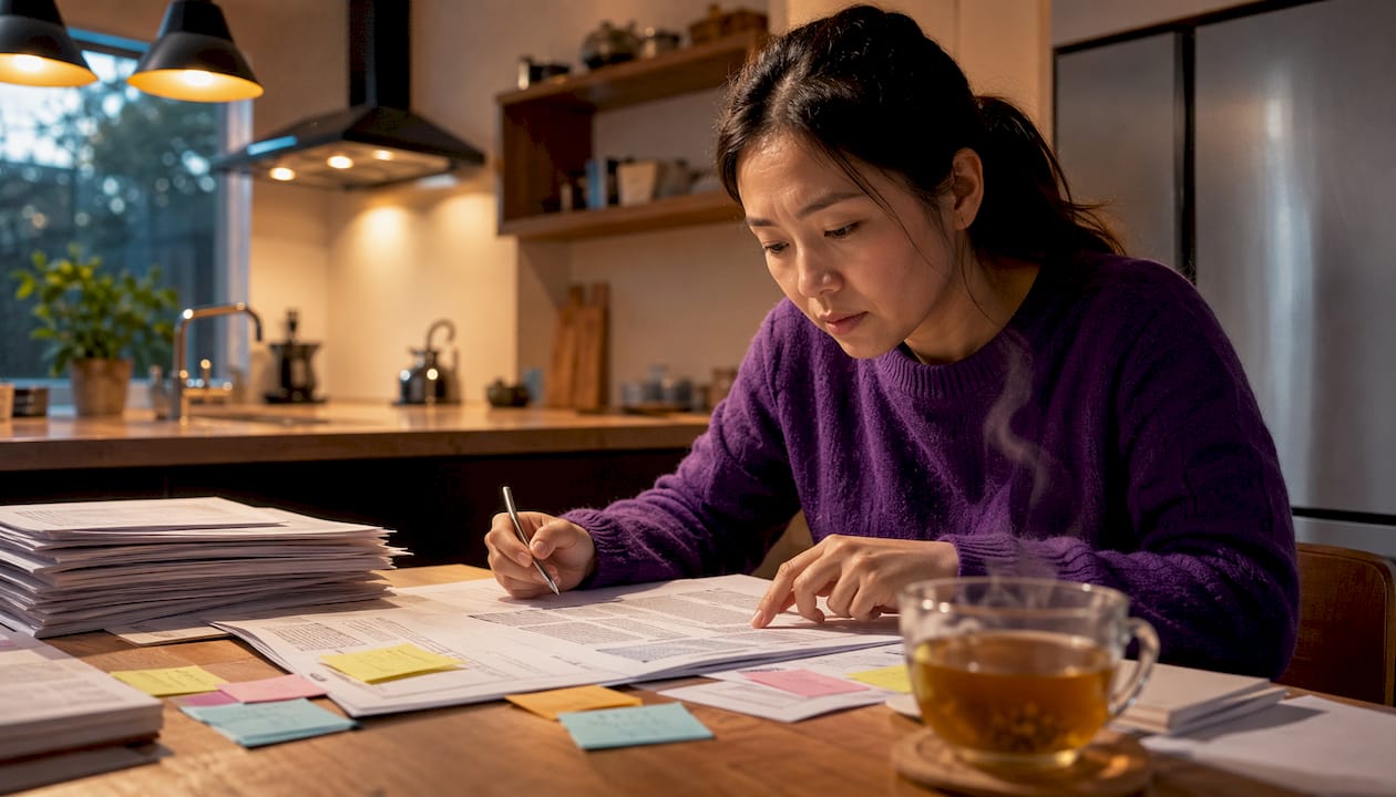 Woman reviewing research articles at home desk