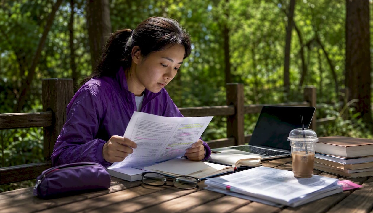Researcher reviewing academic papers at desk