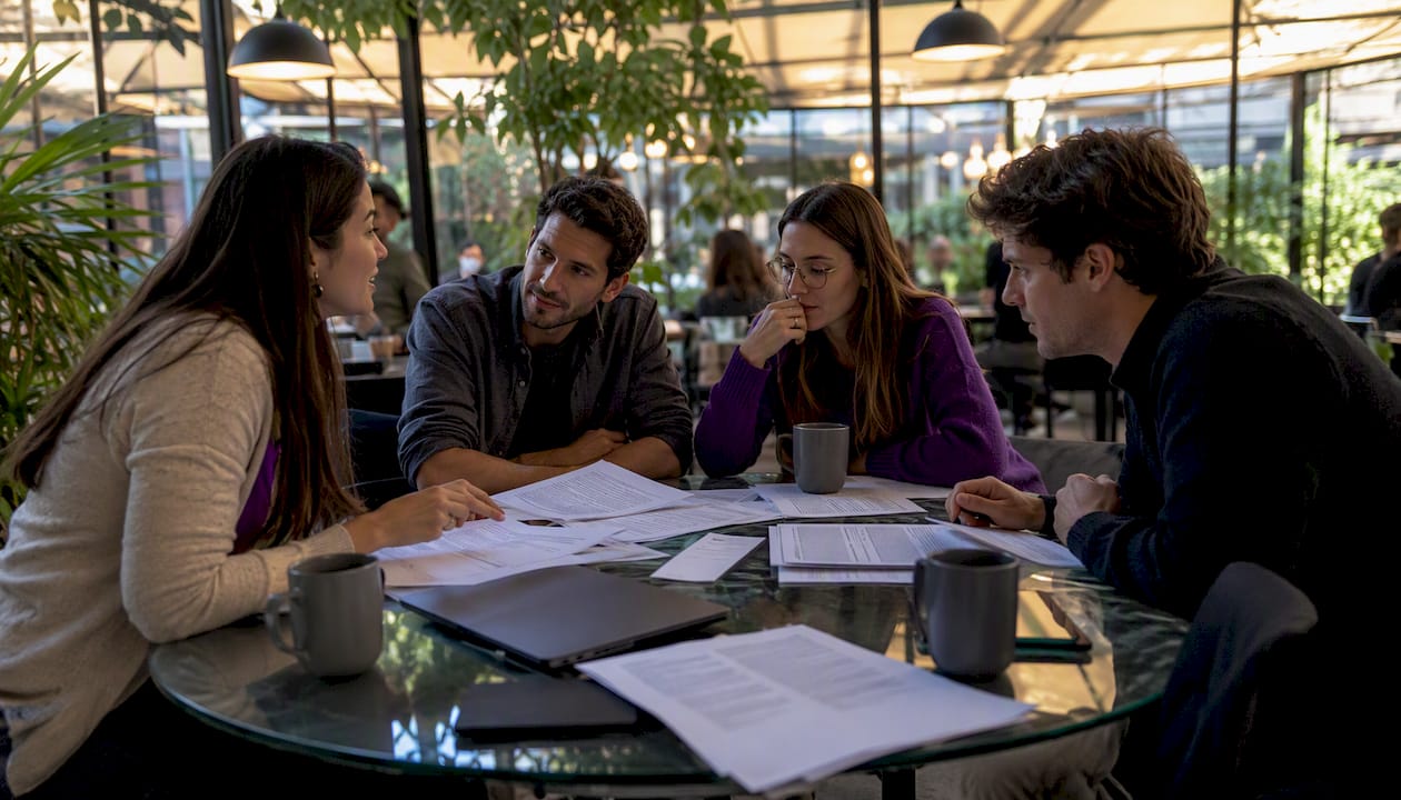 Team reviewing abstracts in conference room