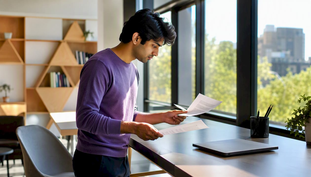 Researcher comparing printed abstracts at desk
