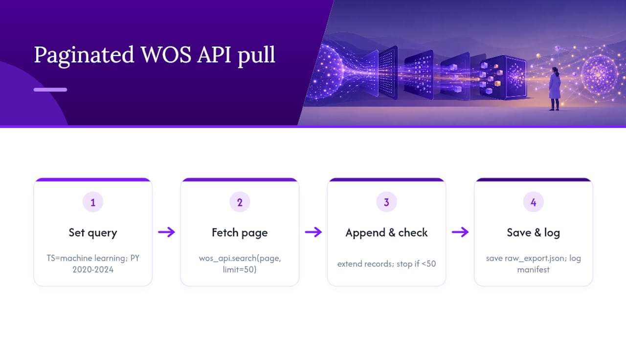 Pseudocode: paginated Web of Science API pull — overview diagram