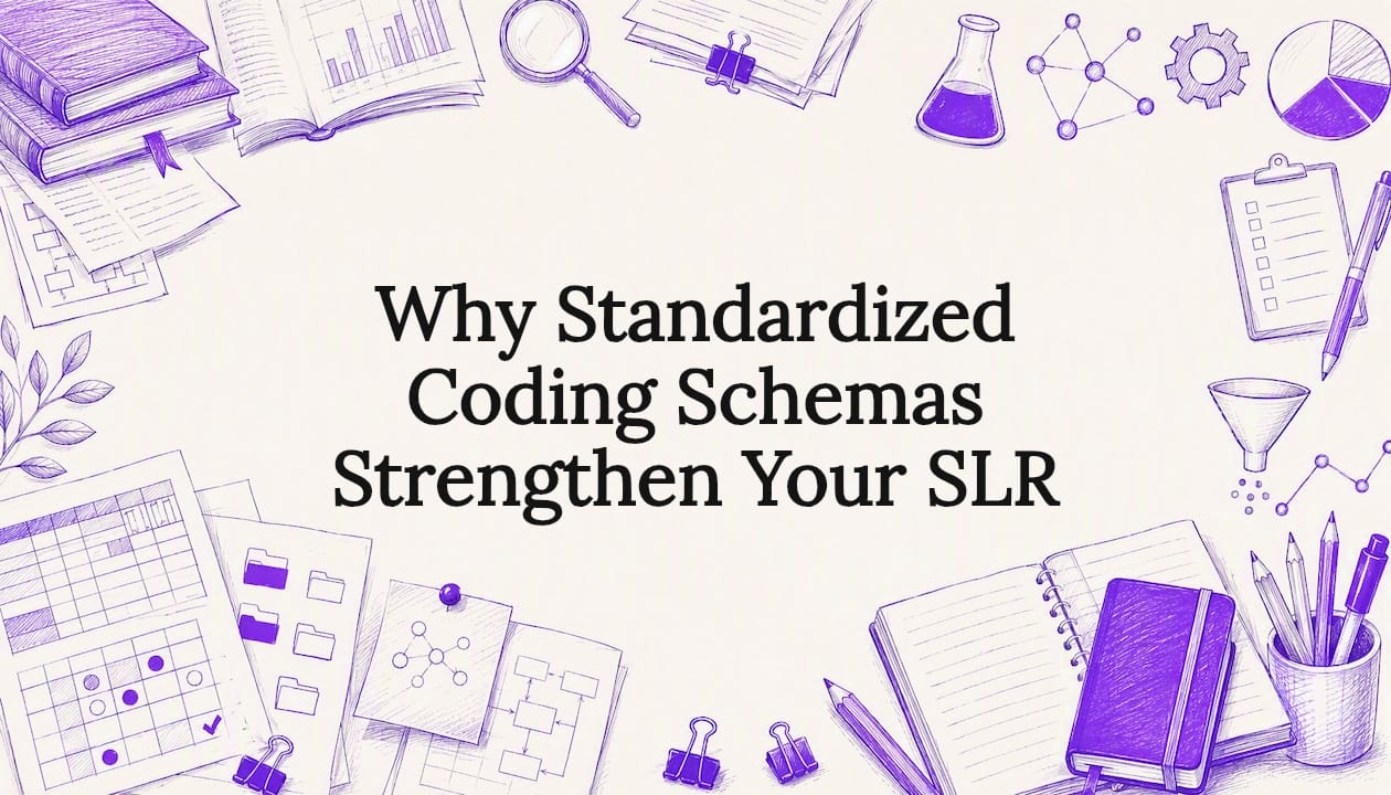 Decorative title card illustration with research and coding motifs
