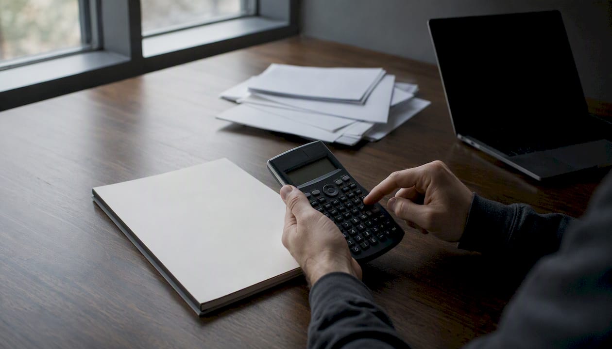 Hands holding calculator with desk setup