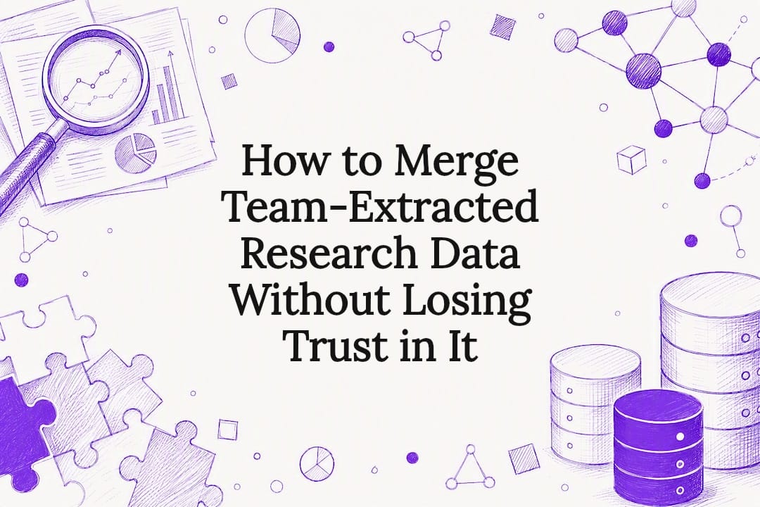 Decorative title card illustration framing research data merging