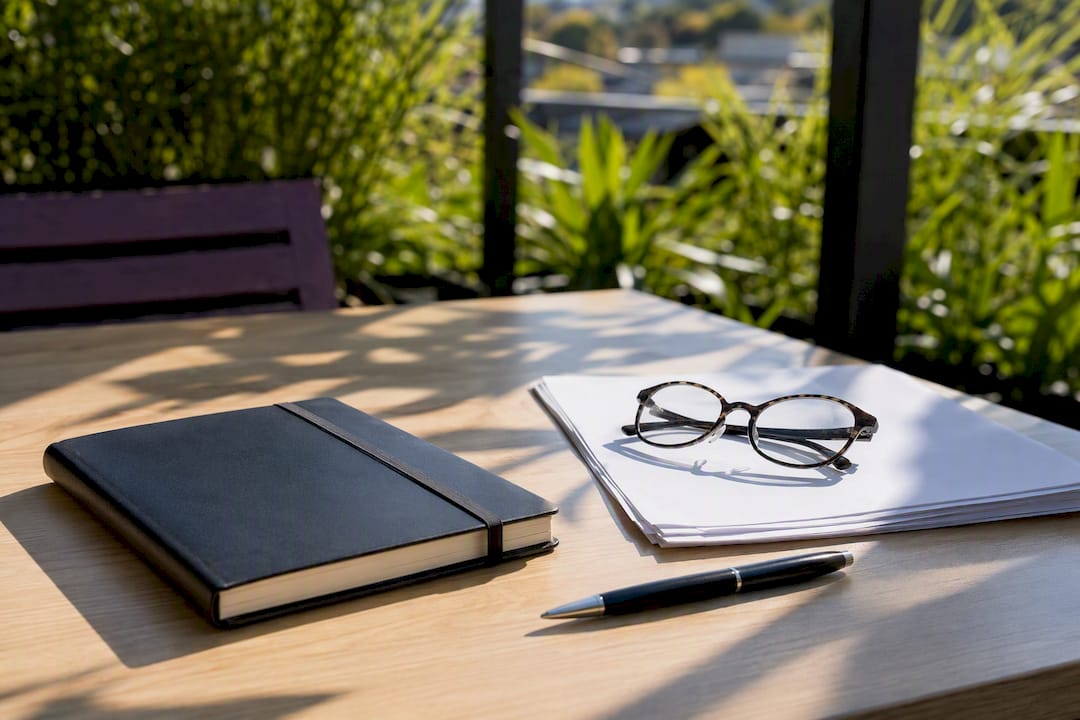 Research tools and workspace essentials on desk