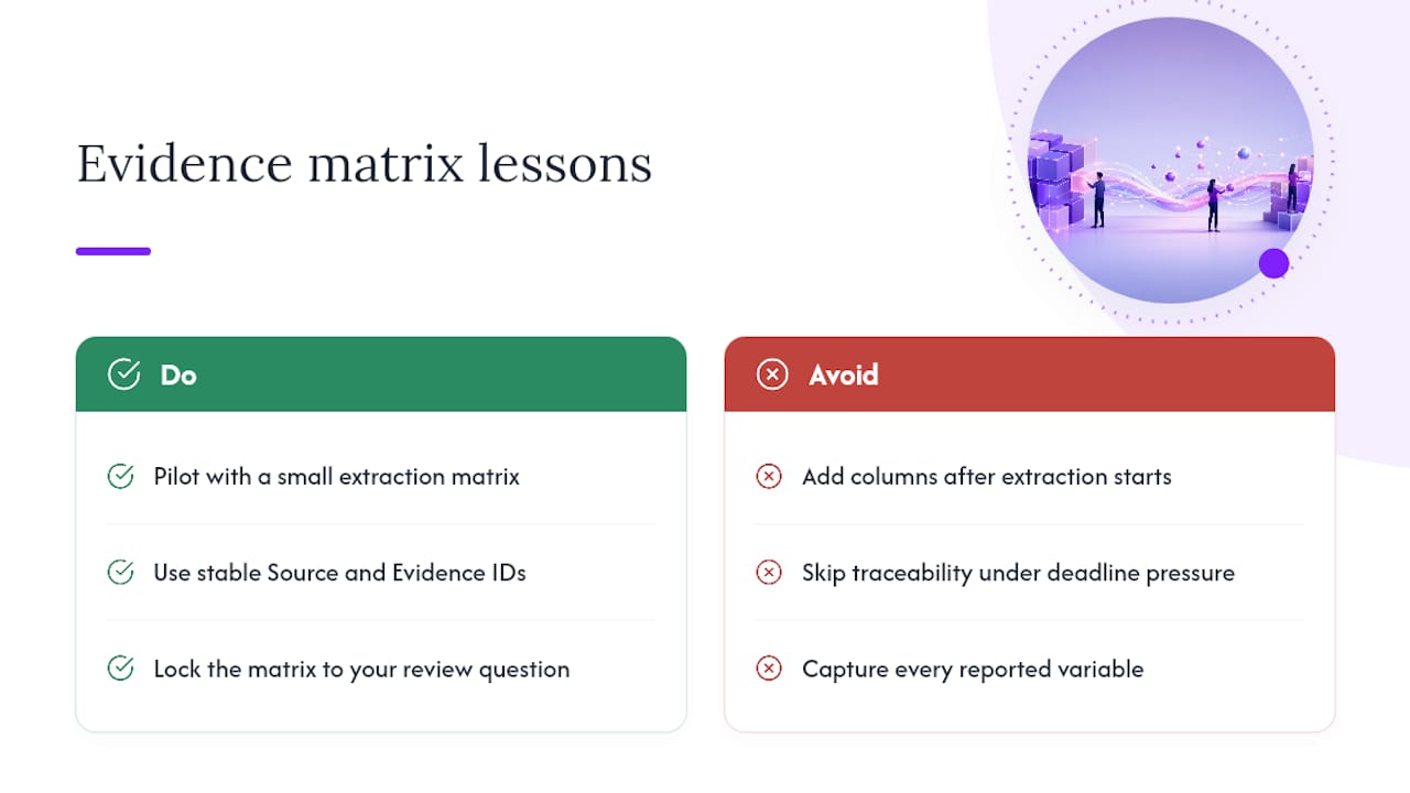 What I've Learned Building Evidence Matrices for Real Reviews — overview diagram