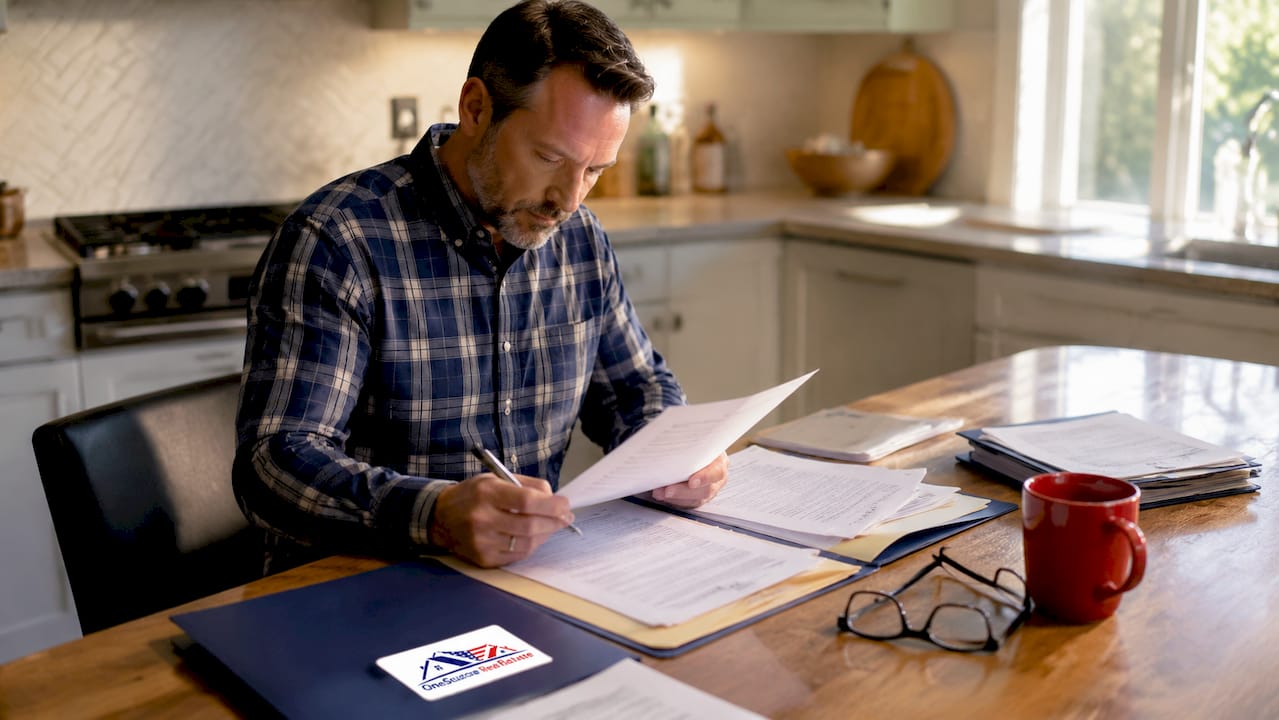 Hands organizing Georgia real estate license papers