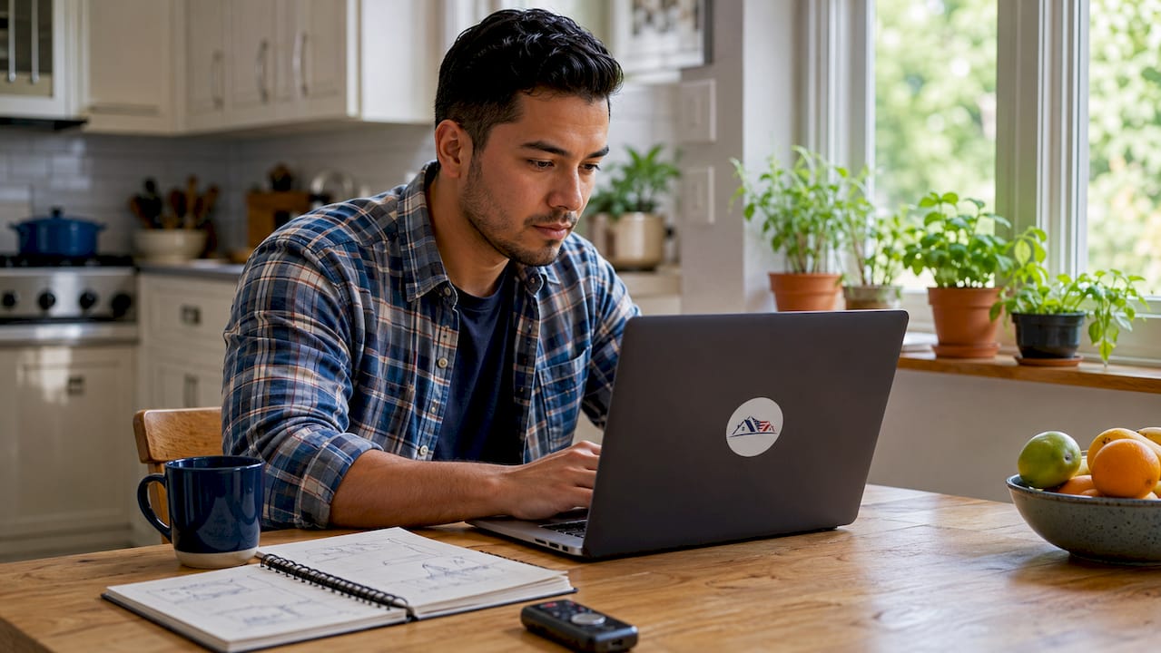 Young man using technology for property management