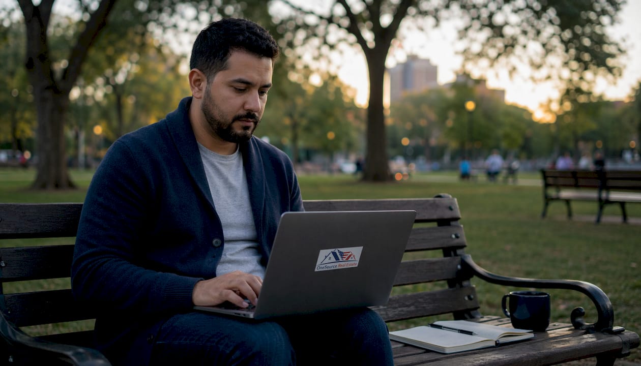 Man analyzing local rental market data outdoors