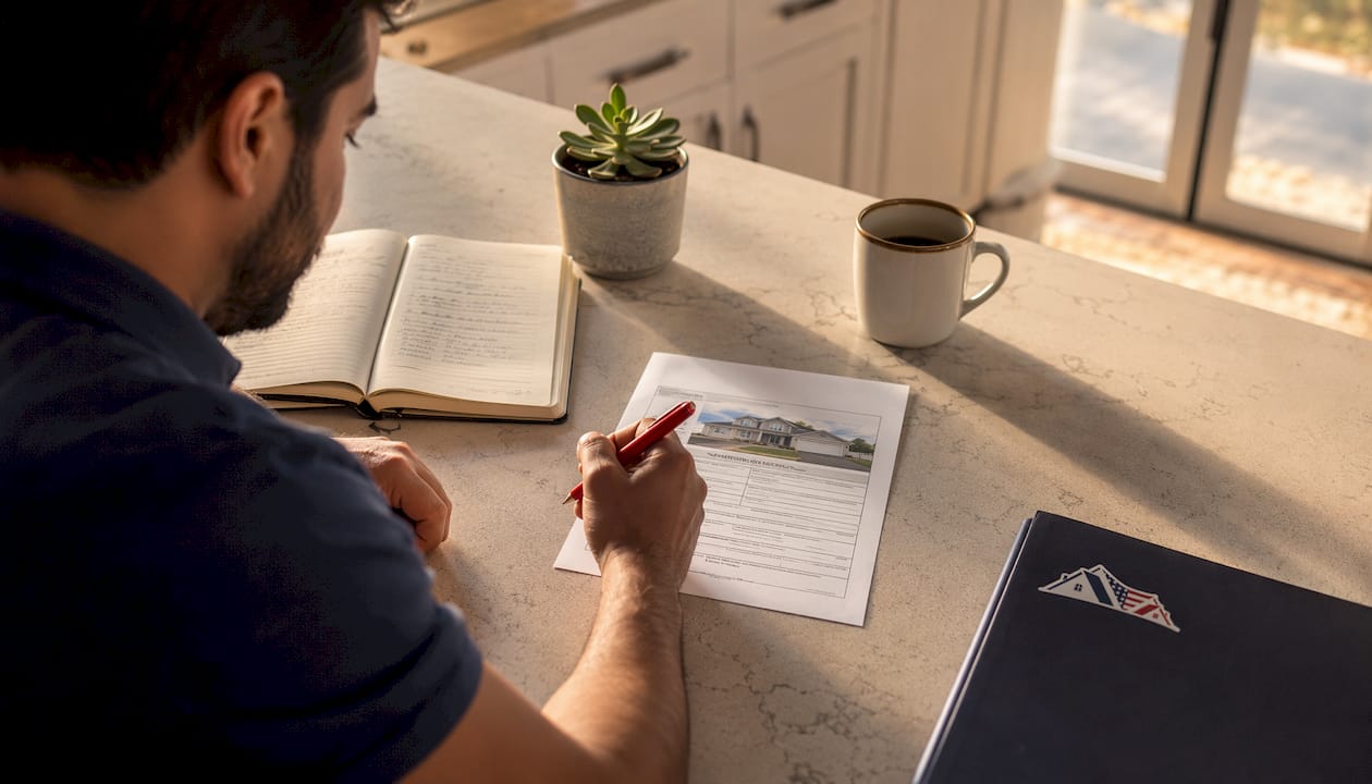 Close-up hands reviewing cash home offer document