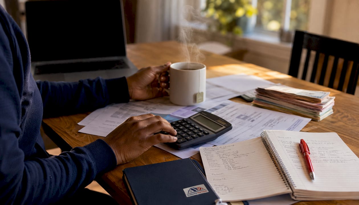 Hands calculating renter budget and expenses overhead