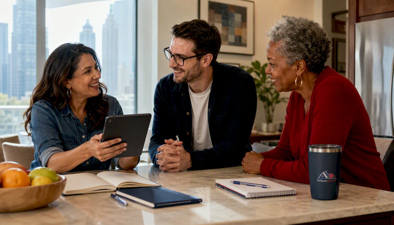 Team discussing short-term rental management in office setting