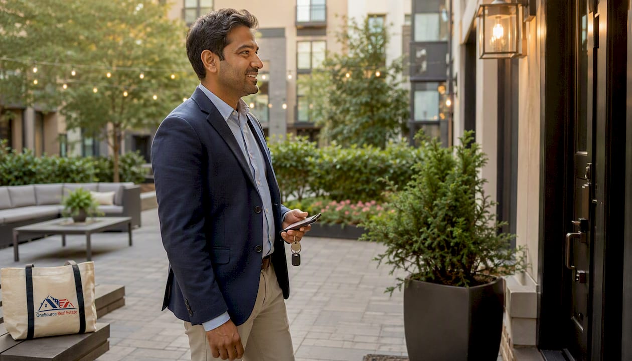 Host opening rental apartment door in Atlanta