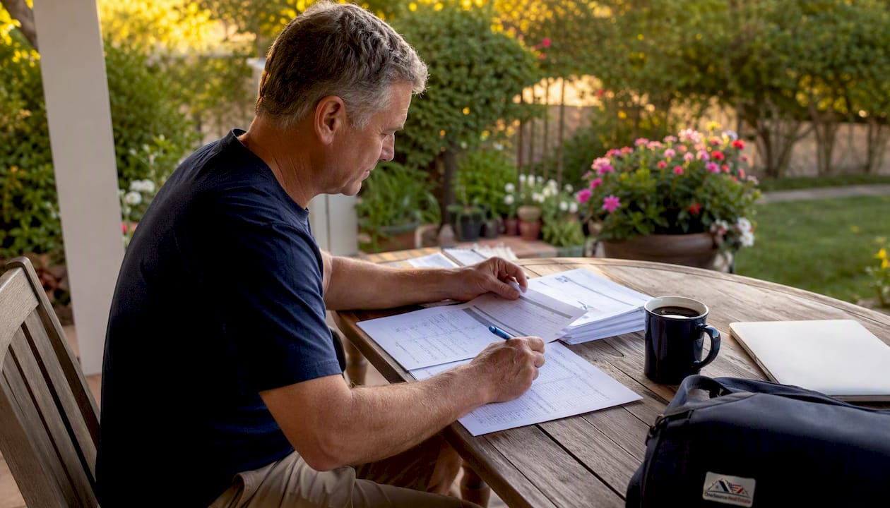 Landlord reviewing rent payment records on porch