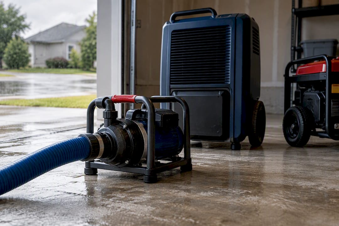 Restoration pumps and dehumidifier staged for rental