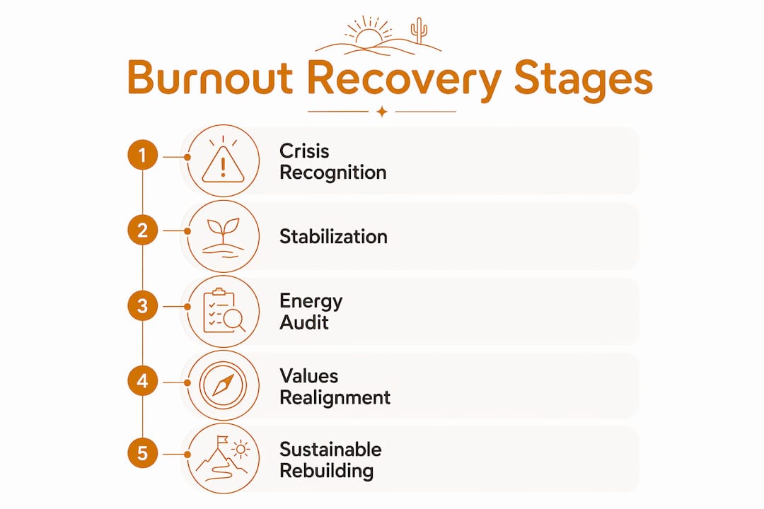 Infographic illustrating five stages of burnout recovery