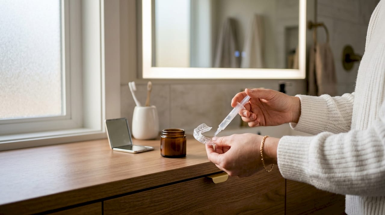 Person preparing teeth whitening tray at home