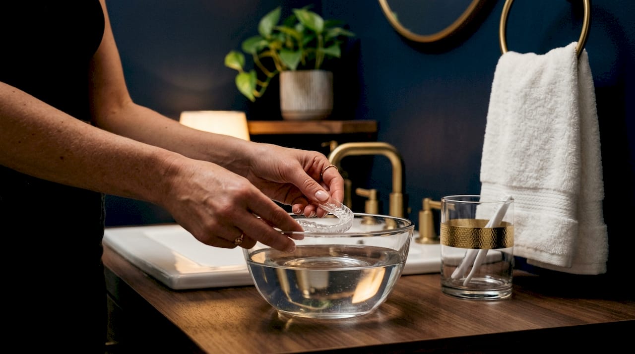 Hands preparing teeth whitening gel with custom tray at home