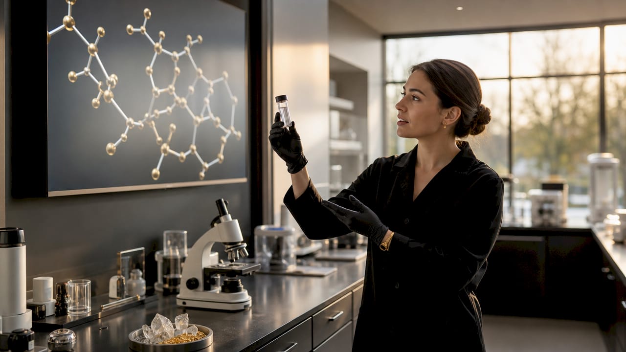 Hands with molecular model and PAP whitening lab setup