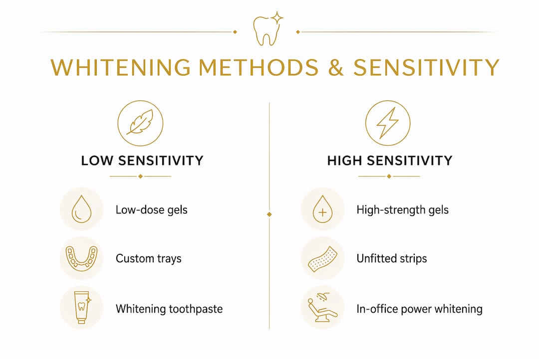 Infographic comparing whitening methods by sensitivity risk