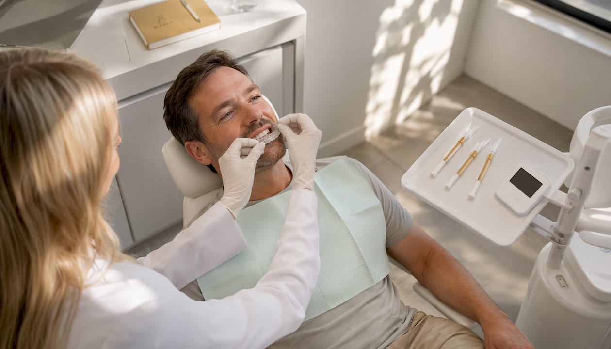 Man receiving in-office teeth whitening treatment