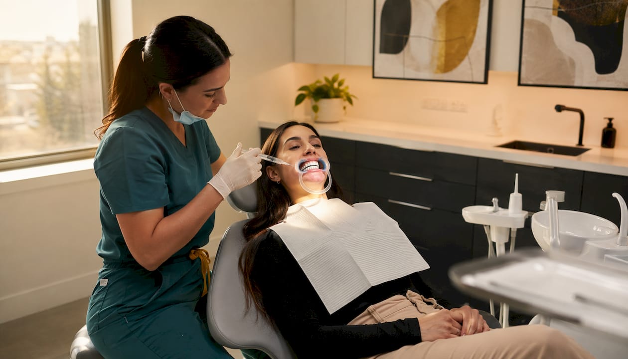 Dentist applying whitening gel on patient's teeth
