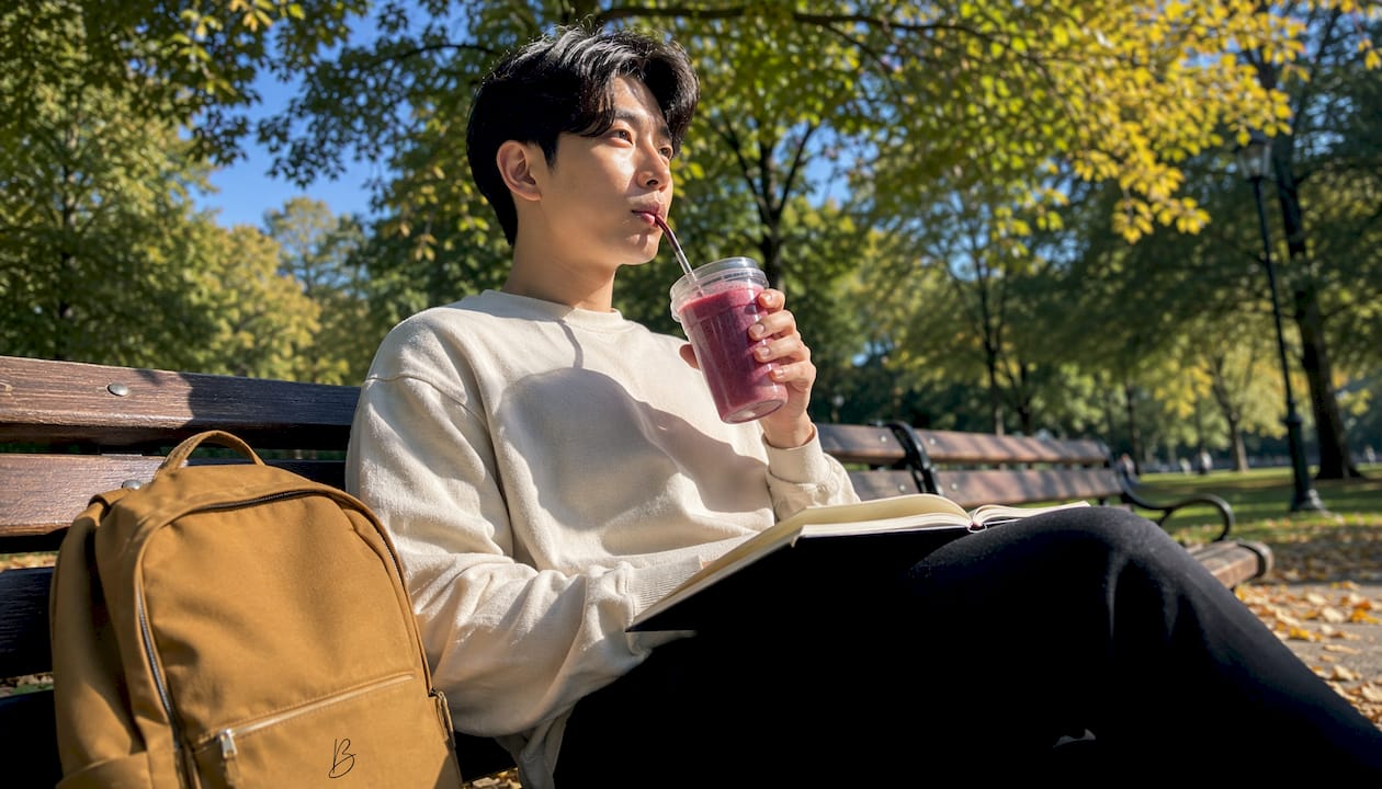 Man drinking coffee using straw at café table