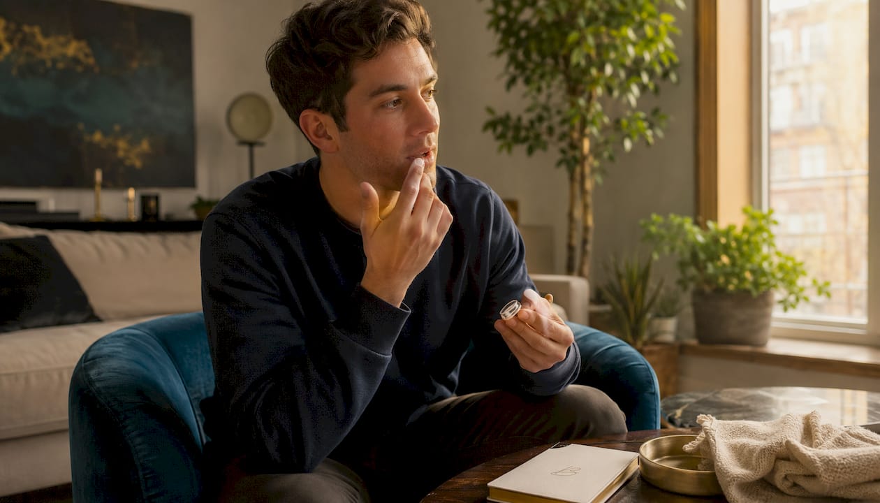 Man applying lip moisturizer at bathroom vanity