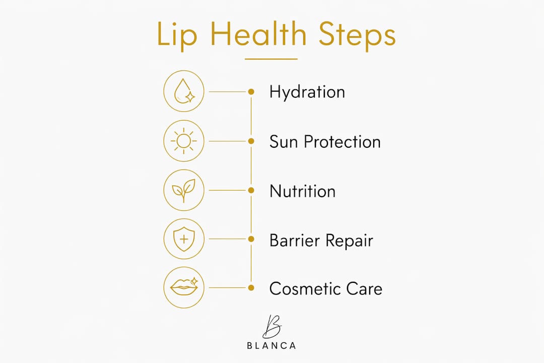 Infographic showing steps for healthy lips and balanced smile