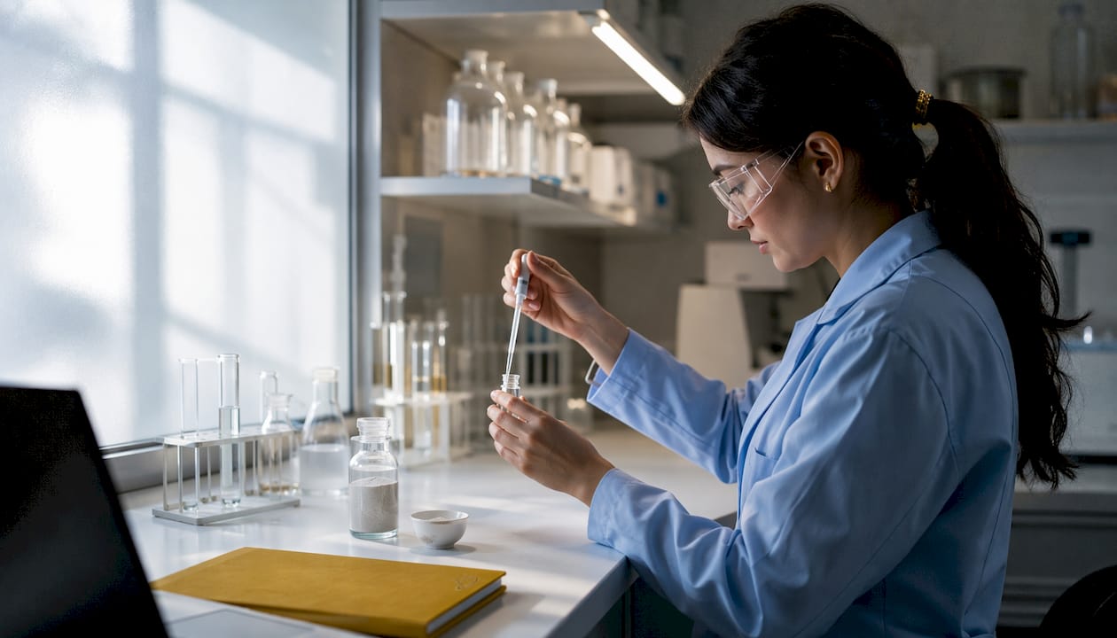 Hands holding enzyme activator vial in lab setting
