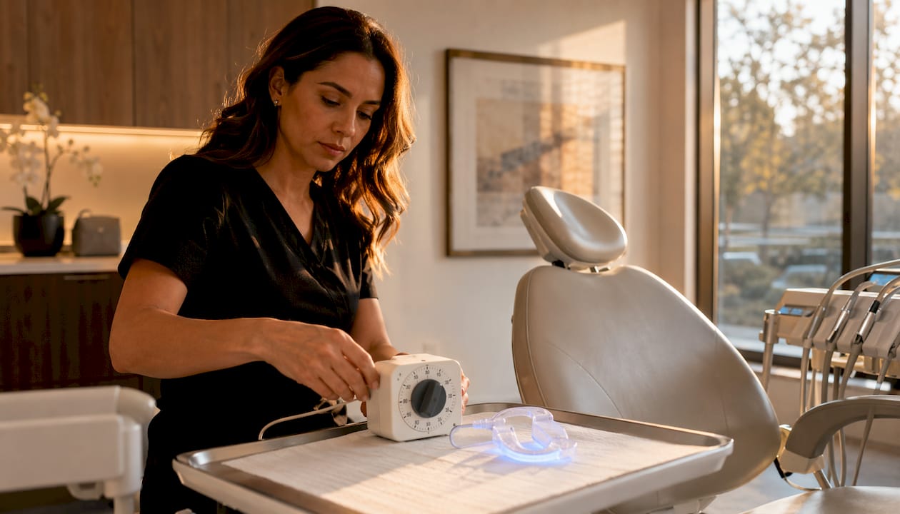 Dental technician setting whitening session timer