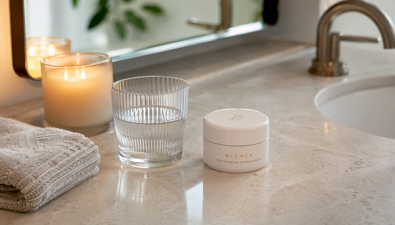 Bedroom nightstand with whitening aftercare and phone