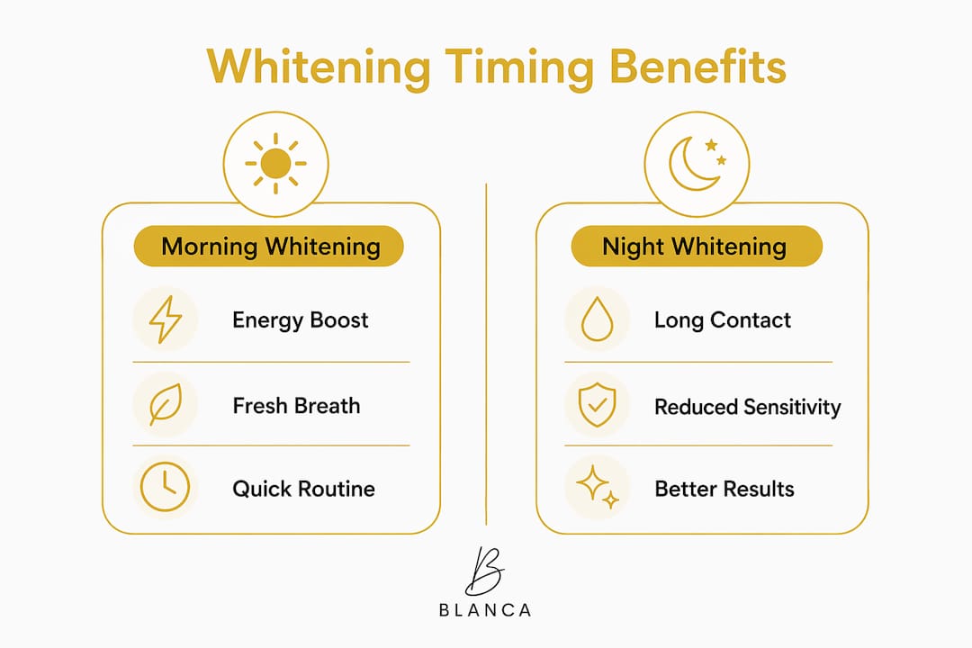 Infographic comparing morning and night whitening benefits