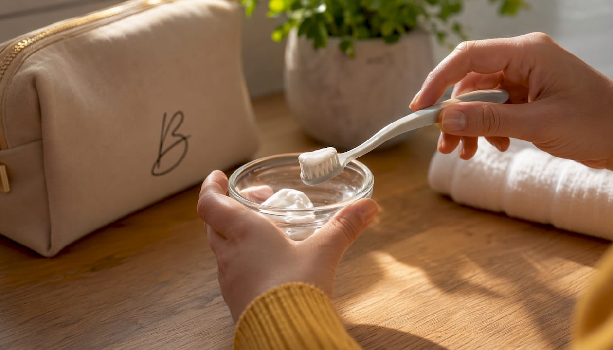 Hands applying whitening toothpaste on toothbrush