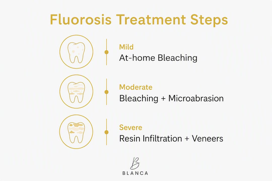 Infographic showing fluorosis treatment steps by severity