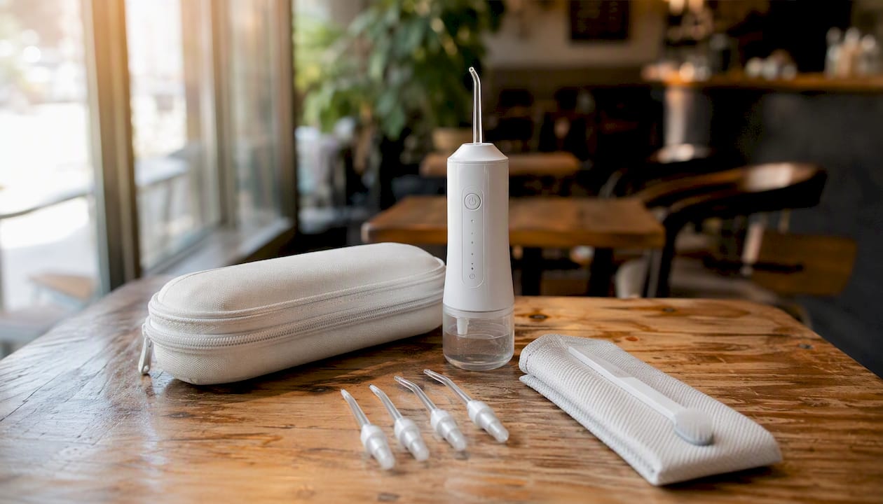 Travel water flosser kit laid out on wooden vanity