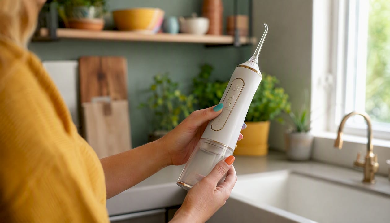 Hands holding compact cordless water flosser