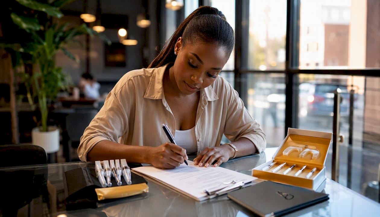 Student completing teeth whitening intake form