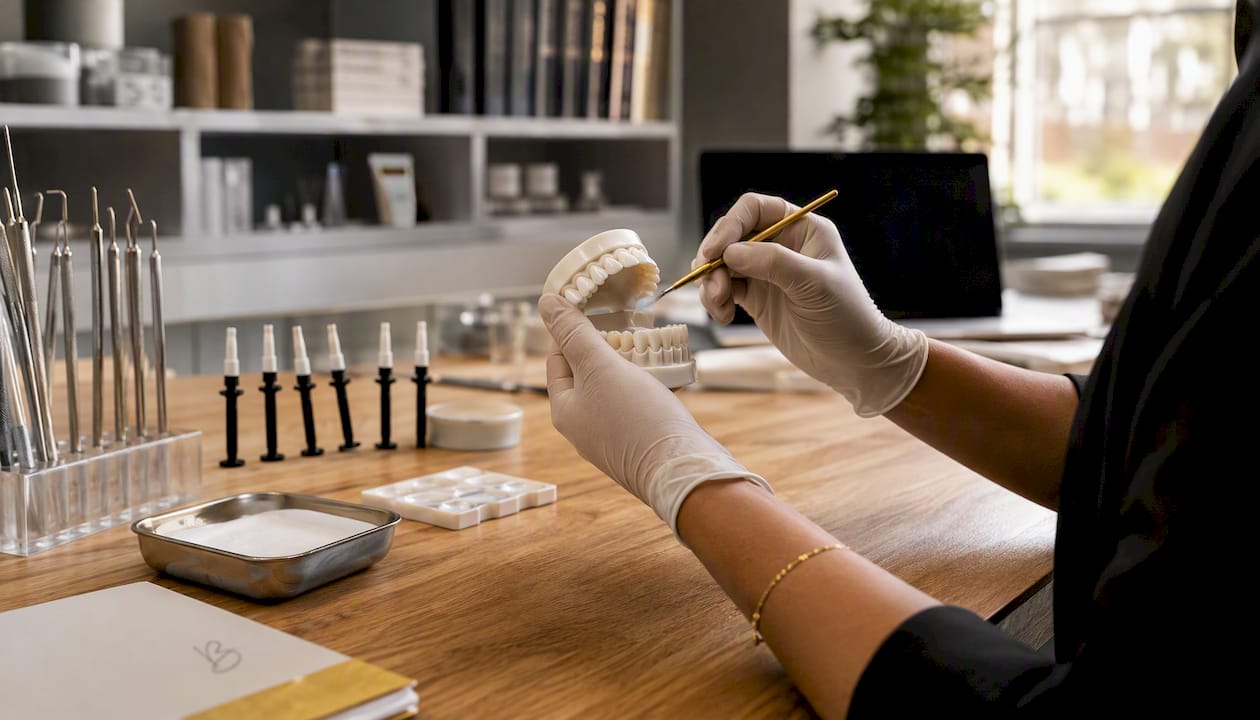 Hands applying teeth whitening gel on model
