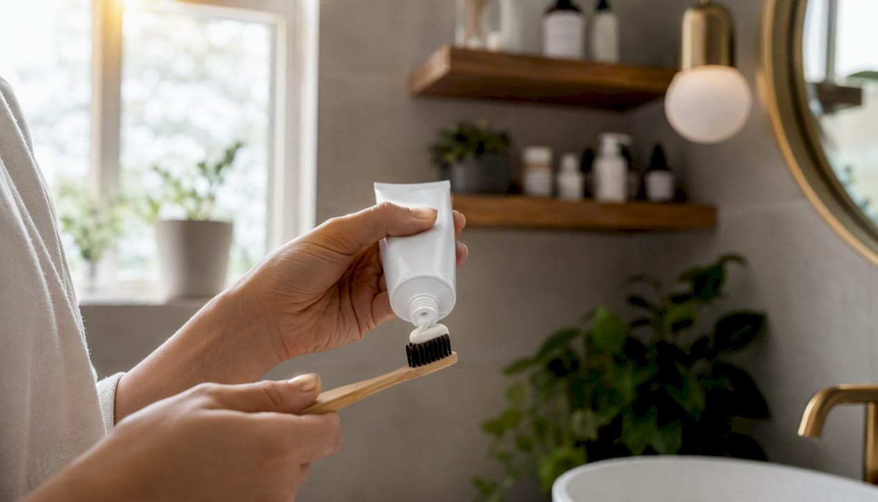 Hand squeezing whitening toothpaste onto toothbrush