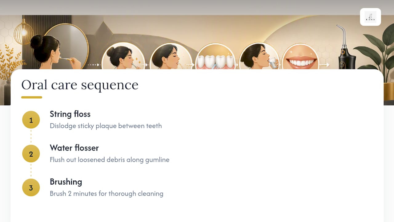 Diagram illustrating oral care sequence with flossing, water flossing, and brushing