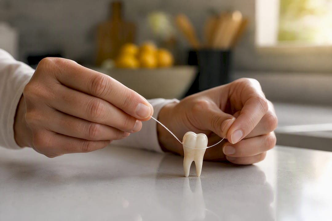 Hands demonstrating C-shape string floss technique on tooth model