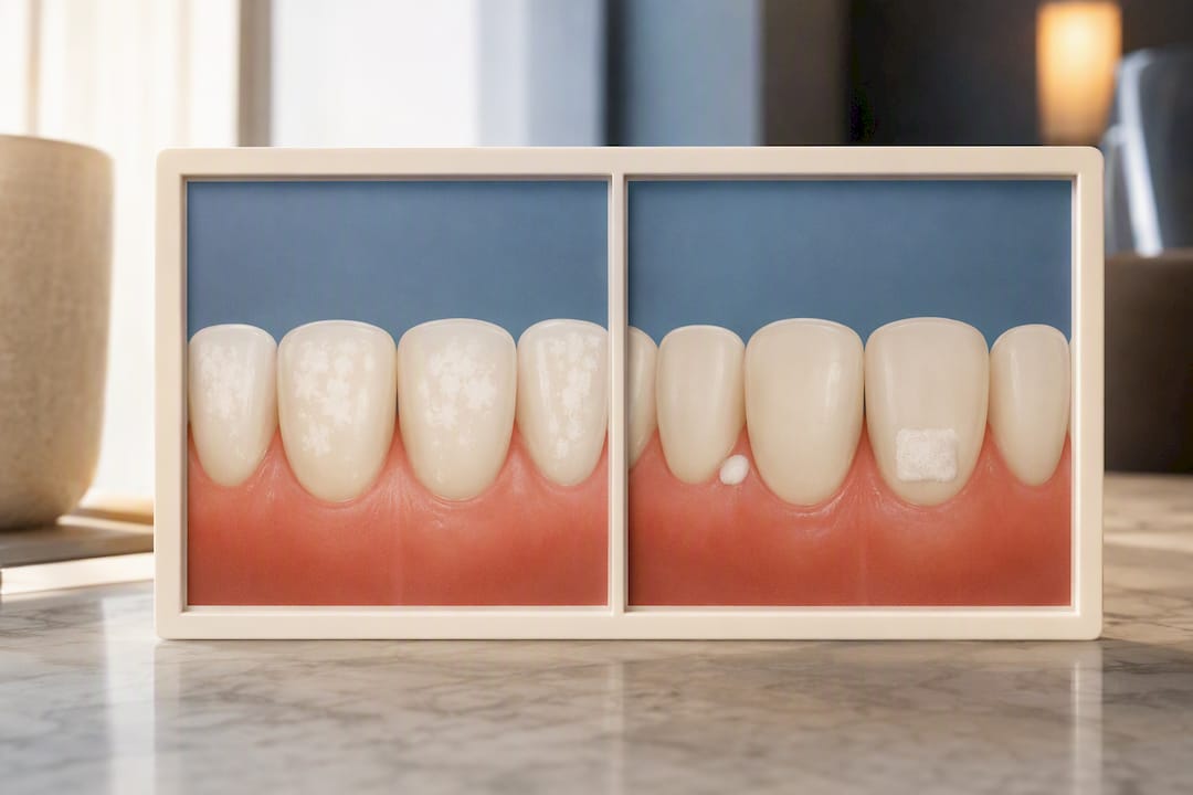 Illustration comparing temporary and structural white spots